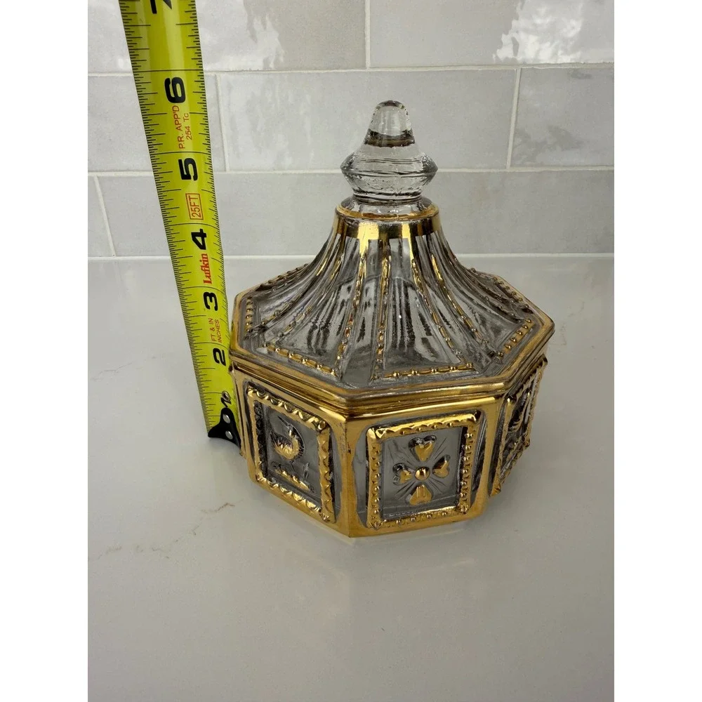 Imperial Glass Octagonal Trinket Box Gold Gilt Bird Flower Candy Dish With Lid